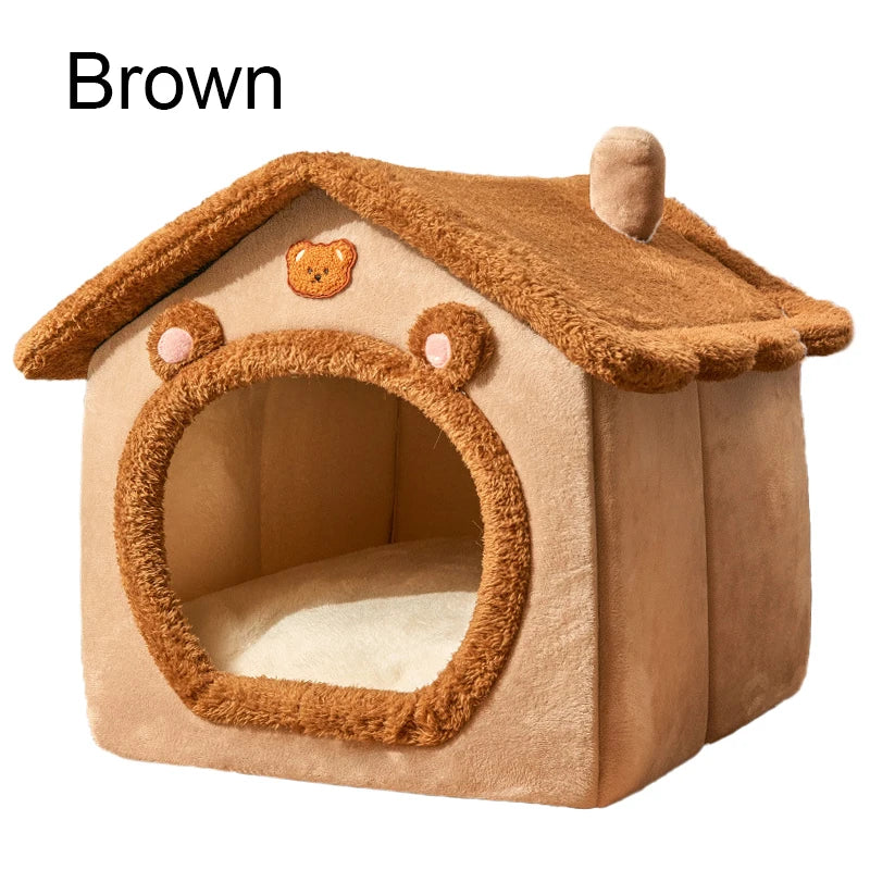 Panier maison pour chat marron en velours, structure pliable avec coussin lavable et toit détachable.