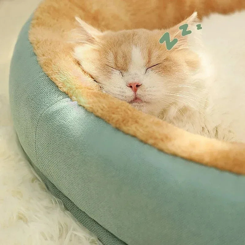 Panier rond bleu en peluche douce avec rembourrage confortable pour chat.