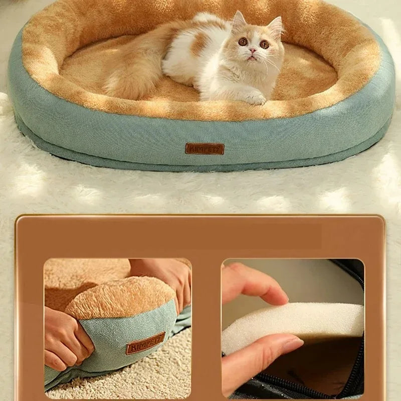 Zoom sur un panier rond avec doublure beige moelleuse et rembourrage confortable.