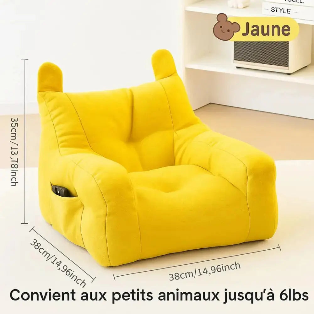 Panier sofa jaune confortable pour chat avec coussin épais, adapté au repos quotidien avec les dimensions.