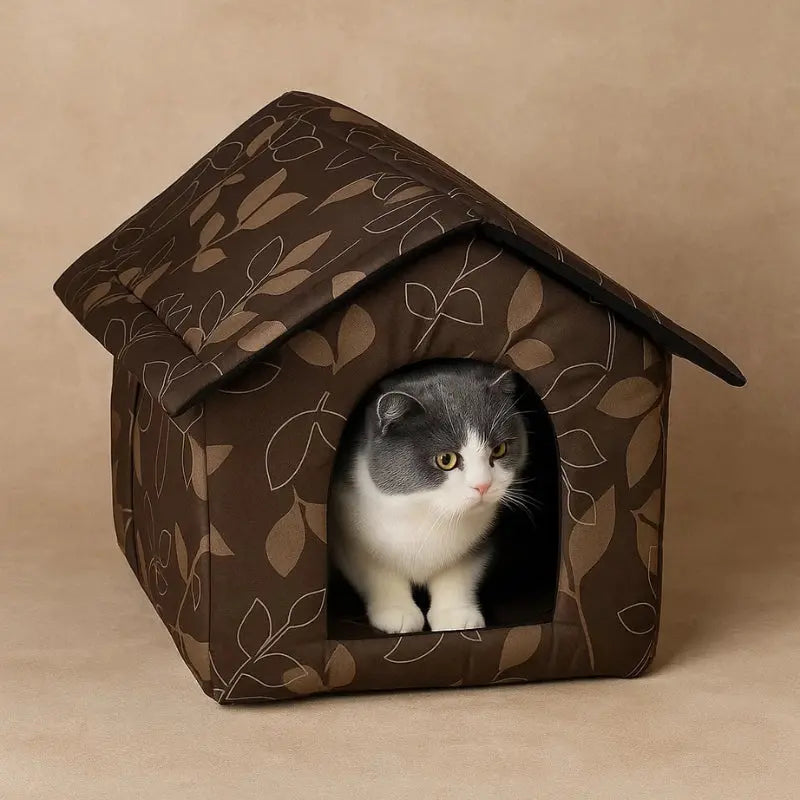 Panier extérieur marron pour chat avec entrée ouverte et toit pliable