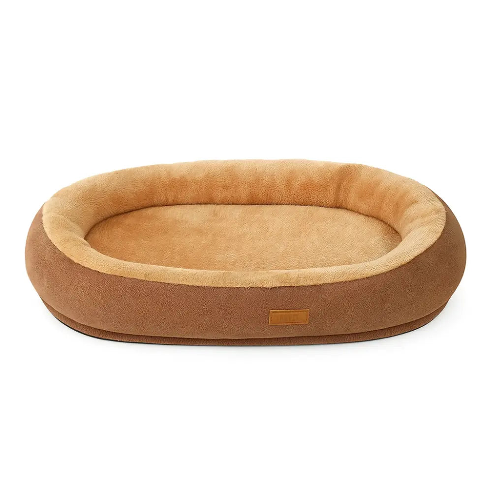 Panier pour chat rond et doux en tissu peluche marron, offrant un couchage confortable et chaud pour le repos du chat.