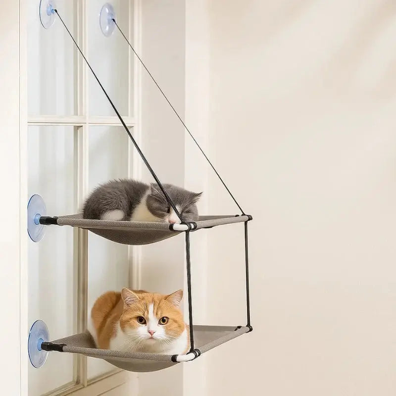 Deux chats dans un hamac de fenêtre double étage fixé au vitrage