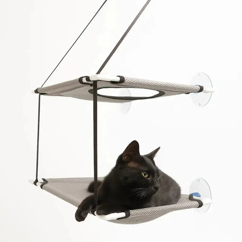 Hamac de fenêtre double niveau pour chat en maille grise avec ventouses