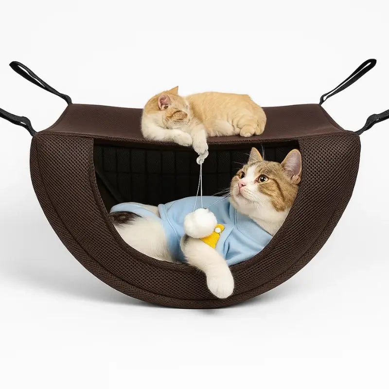 Hamac suspendu marron pour chat avec deux chats et balle pendante