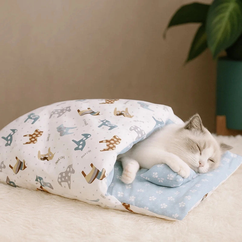 Chat installé dans un sac de couchage blanc et bleu pour chat