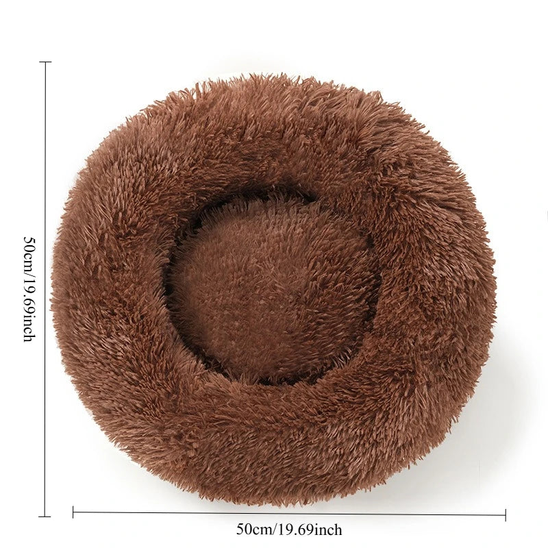 Panier rond brun foncé pour chat, vue de dessus avec dimensions