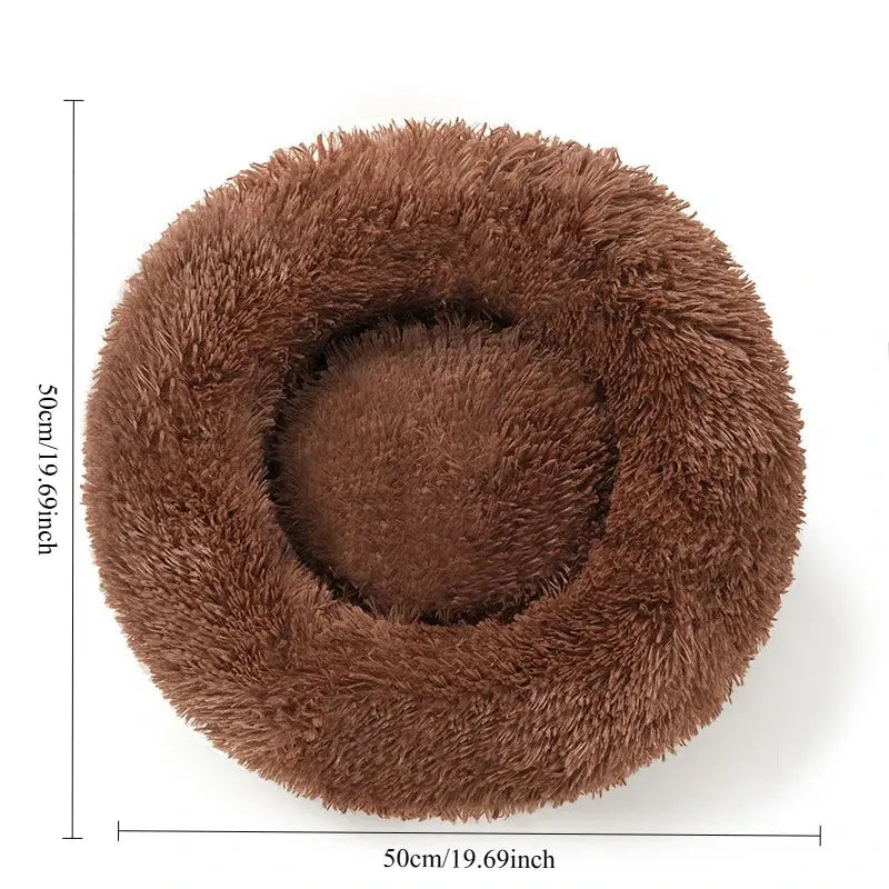 Panier rond brun foncé pour chat, vue de dessus avec dimensions