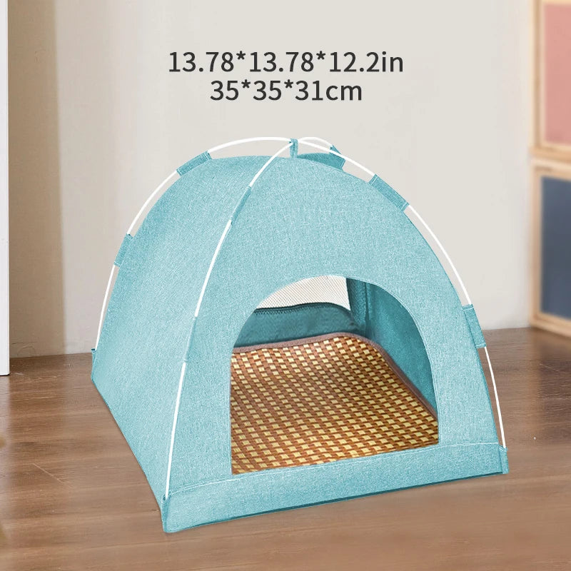 Panier tente pour chat intérieur bleu ouvert avec coussin amovible