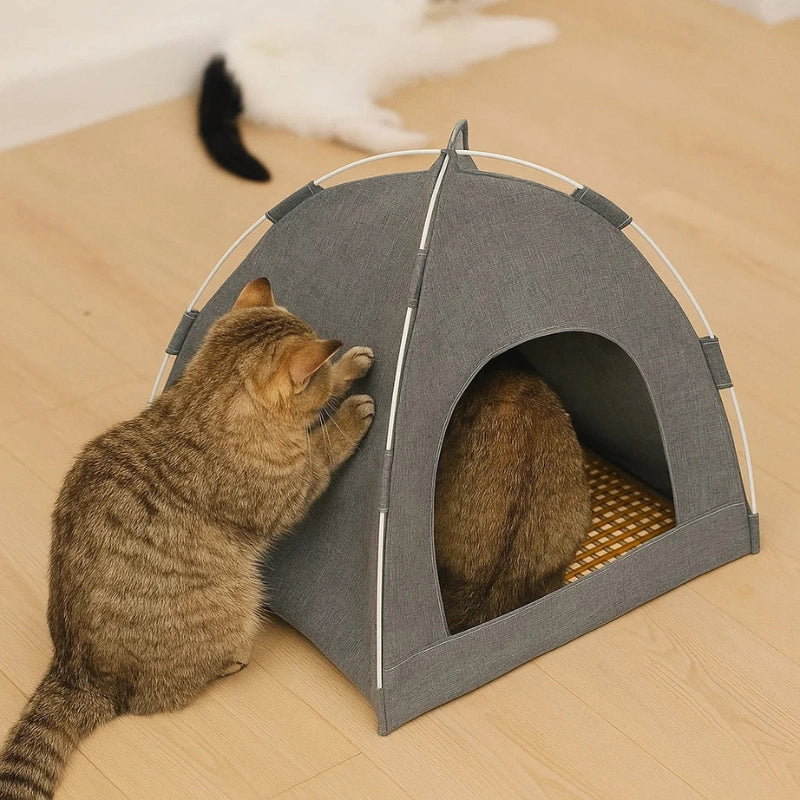 Entrée ouverte d’un panier tente pour chat intérieur gris avec coussin