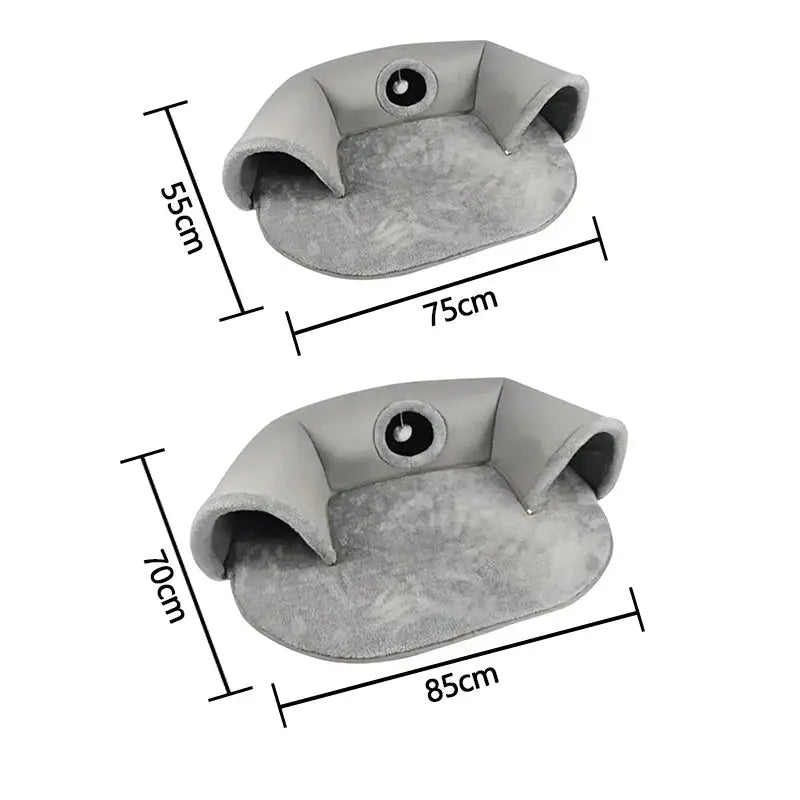 panier tunnel pour chat gris avec illustration des dimensions et tailles disponibles