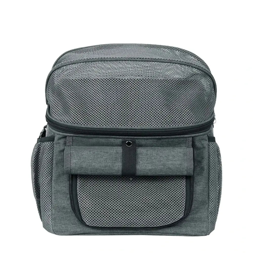 Panier de vélo pour chat en tissu gris avec poches latérales et fermeture éclair, idéal pour transporter son animal en toute sécurité.