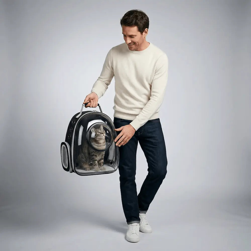 Photo d'un homme en pull blanc et jean tenant par la poignée supérieure un sac à dos de transport pour chat noir et gris. Un chat tigré est à l'intérieur, visible à travers une coque transparente avec bulle centrale et grille inférieure. L'homme sourit et passe sa main à travers une ouverture zippée au bas du sac pour caresser le chat. Le fond est gris uni