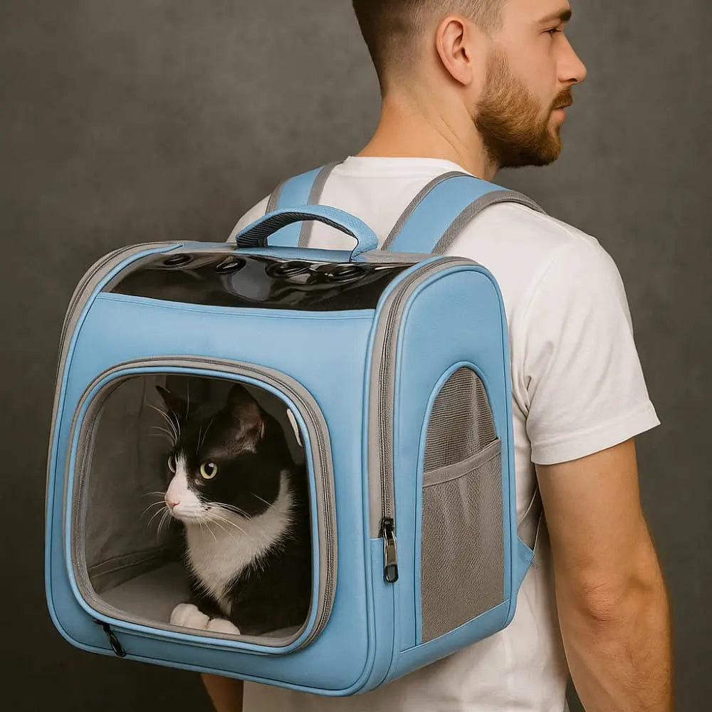 Sac à dos bleu pour chat porté sur le dos avec panneaux respirants