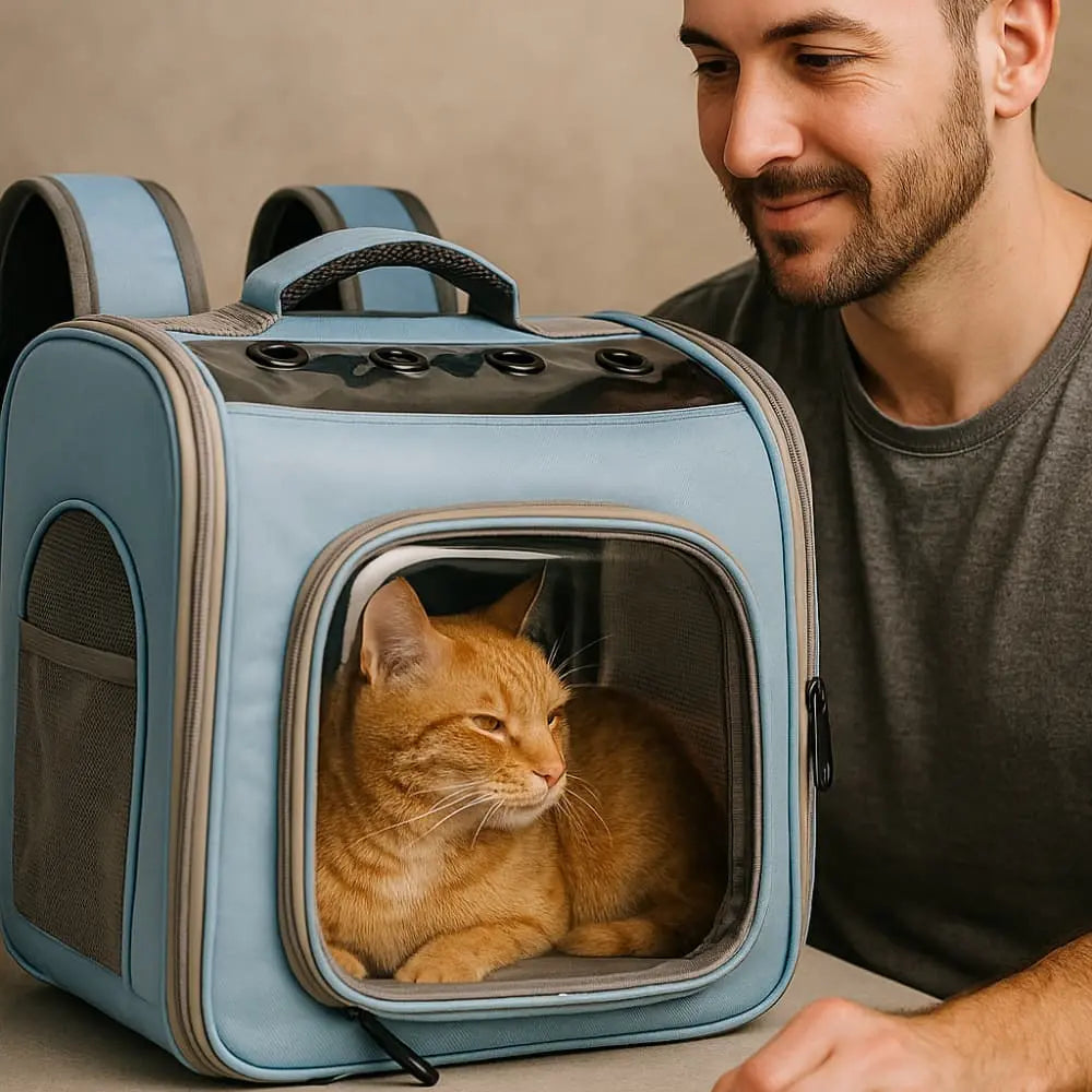 Chat transporté dans un sac à dos bleu pour chat avec aération latérale