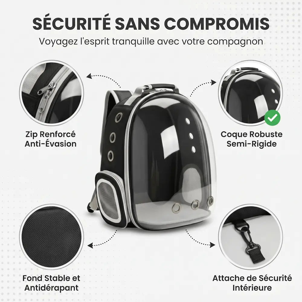 Sac à dos de transport noir pour chat avec bulle transparente, présentant les détails de sécurité : fermeture éclair renforcée, coque avant semi-rigide, base stable antidérapante et sangle d'attache intérieure.