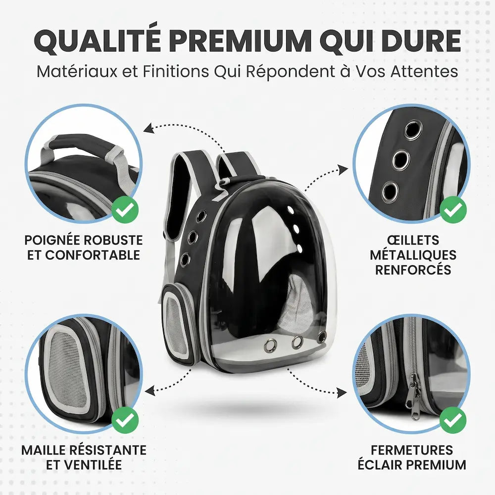 Gros plans sur les finitions du sac de transport pour chat noir et gris : poignée supérieure robuste, œillets d'aération métalliques, maille latérale résistante et fermetures éclair.