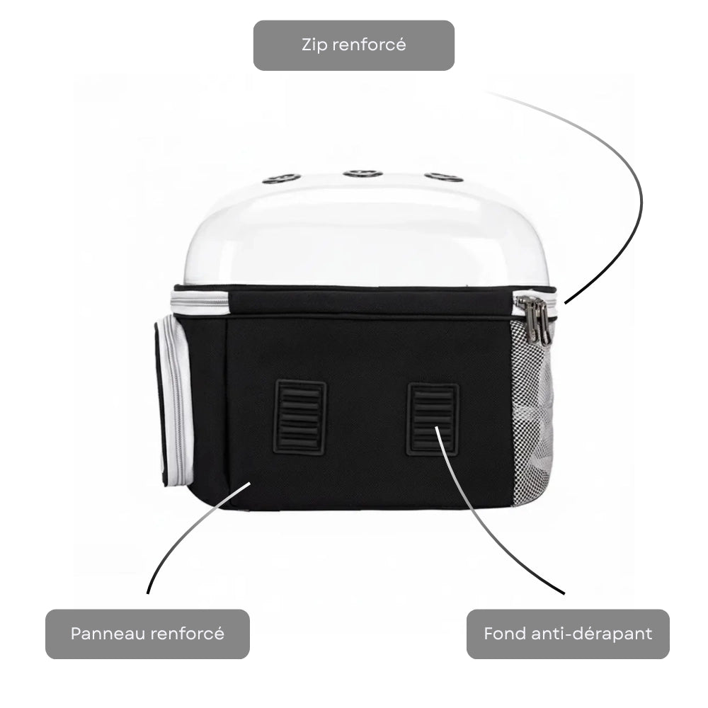 Vue du dessous d’un sac à dos de transport pour chat avec zip renforcé, panneau renforcé et fond anti-dérapant.