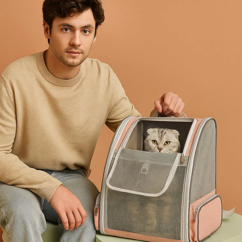 Chat confortablement installé dans un sac à dos gris avec fenêtre arrière.