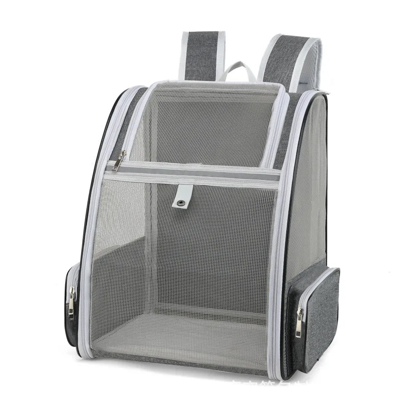 Sac à dos gris pour chat robuste et ventilé, fenêtre arrière sécurisée.