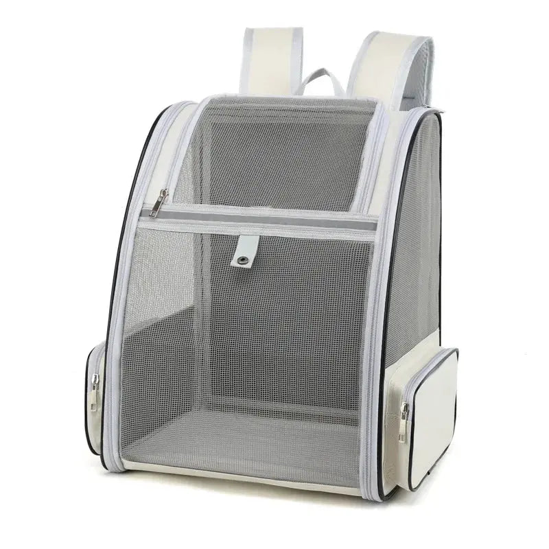 Sac à dos gris pour chat en fibre résistante avec fenêtre arrière.