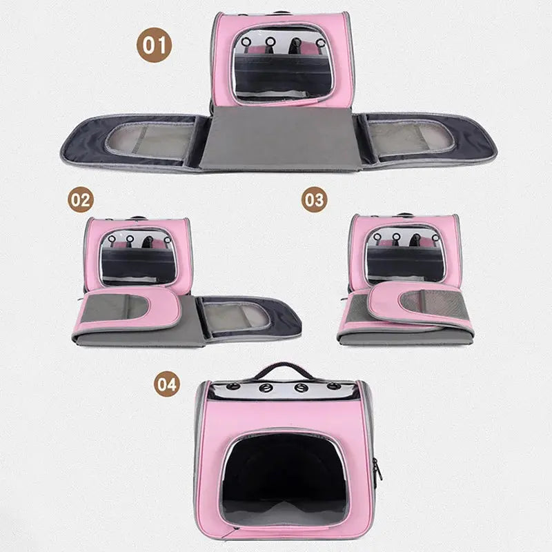 Sac à dos gris pliable pour chat avec panneaux respirants et zip sécurisé.