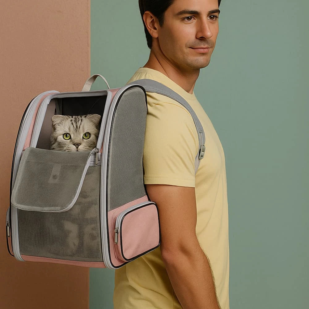 Sac à dos gris ergonomique pour chat, porté au dos avec aération renforcée.