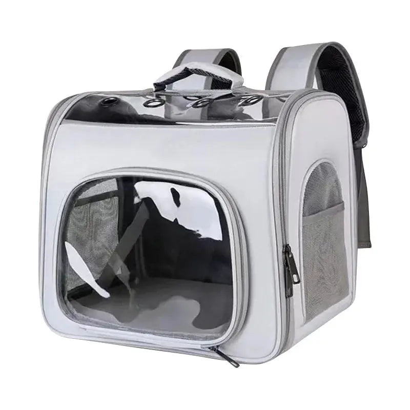 Sac à dos gris pour chat porté sur le dos, pliable et ventilé.