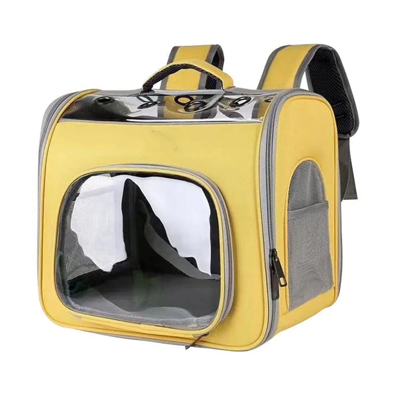 Sac à dos jaune pour chat avec panneaux de ventilation et design pliable.