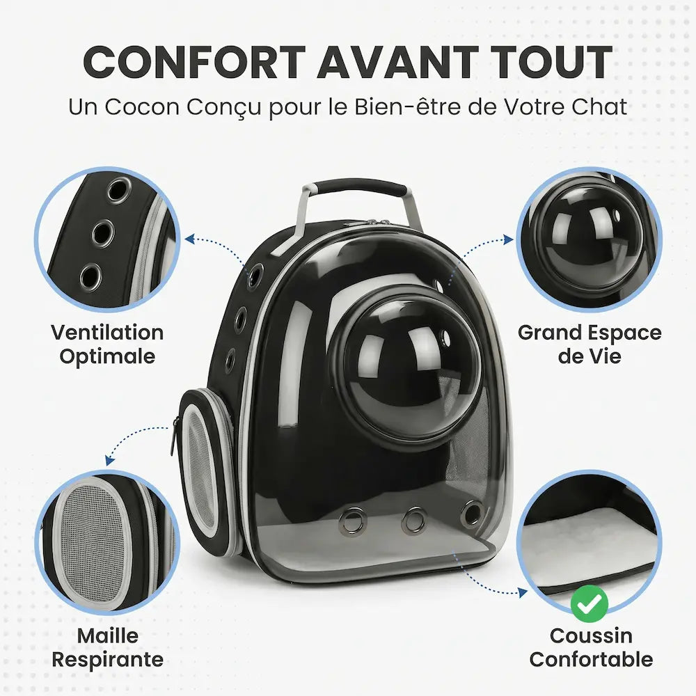 Sac à dos de transport noir pour chat avec hublot central, illustrant l'aménagement intérieur : œillets métalliques de ventilation, volume de la coque avant, filet latéral aéré et coussin de fond blanc.