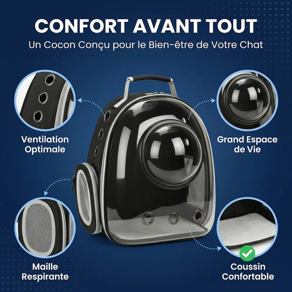 Sac à dos noir pour chat avec hublot central transparent, œillets d'aération sur la façade, ouvertures latérales en maille et fond plat avec coussin.