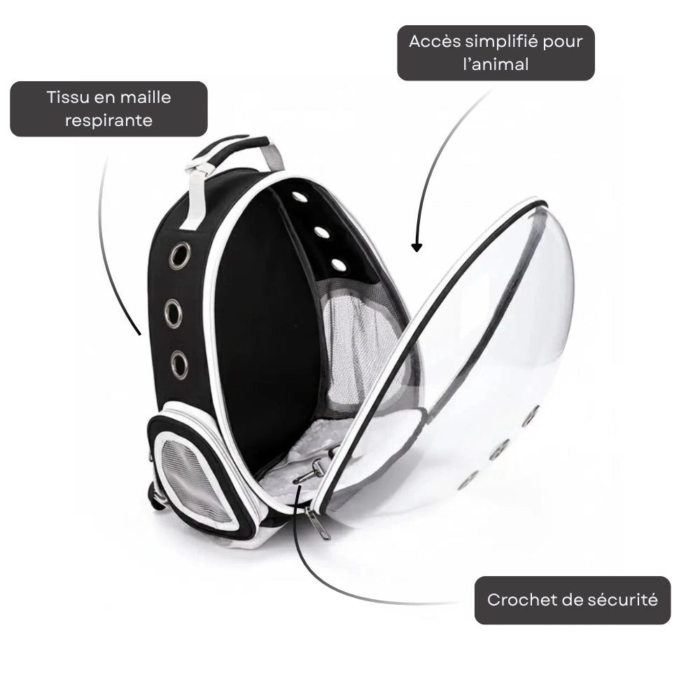 Sac à dos de transport pour chat avec large ouverture frontale, tissu en maille respirante et crochet de sécurité intérieur.