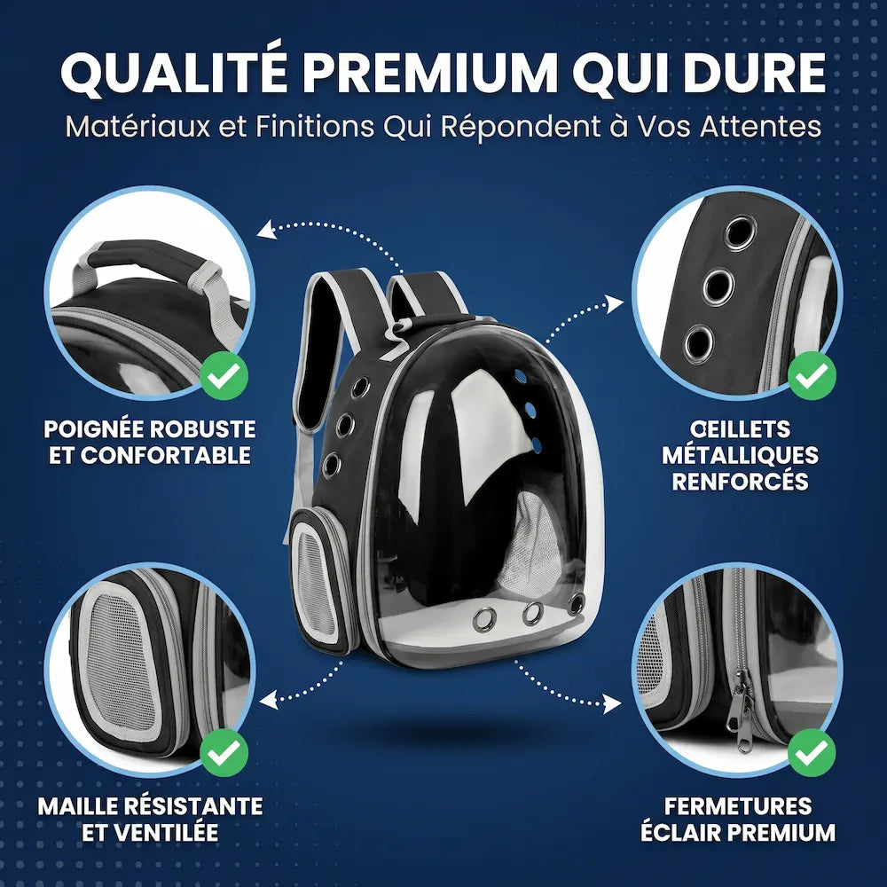 Sac à dos pour chat en tissu Oxford avec poignée renforcée, œillets d'aération métalliques et parties en maille respirante.