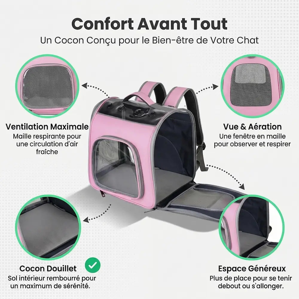 Caractéristiques du sac à dos rose pour chat avec son extension déployée, illustrant les fenêtres d'aération en maille filet, l'espace intérieur agrandi et le fond de protection.