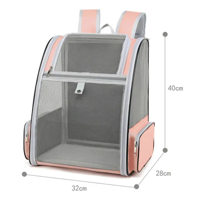 Sac à dos rose pour chat en fibre résistante avec design ergonomique affichant les dimensions