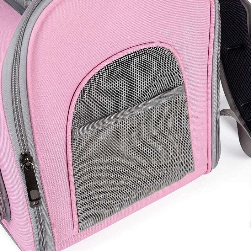 Vues avant et arrière du sac à dos rose pliable pour chat en tissu Oxford