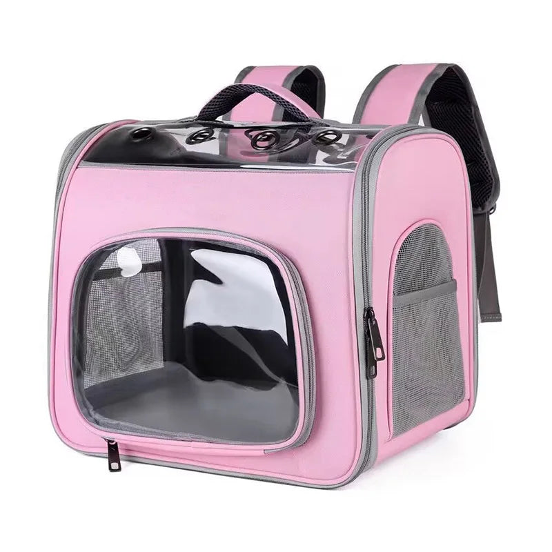 Sac à dos rose pour chat porté sur le dos, pliable et ventilé.