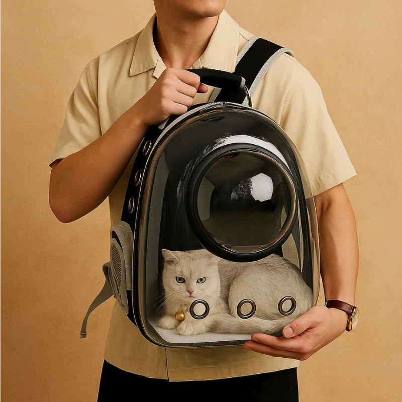 Sac à dos transparent beige avec hublot pour transporter un chat en toute sécurité