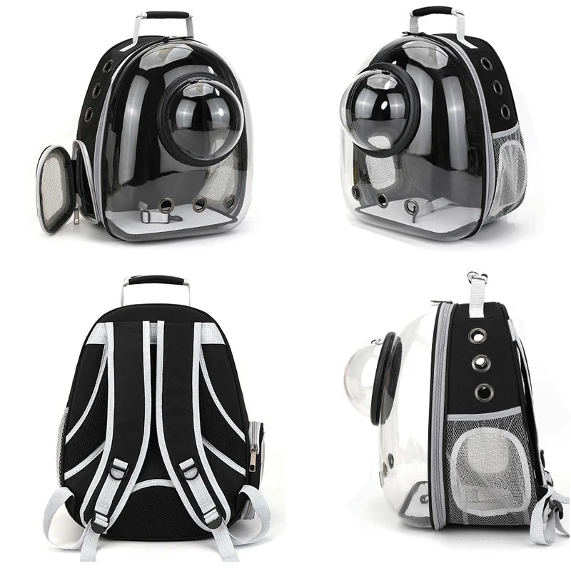 Différentes vues du sac à dos transparent noir pour chat avec hublot
