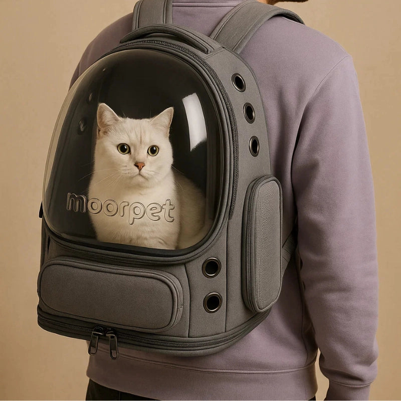 Chat blanc installé dans un sac à dos vert design et respirant