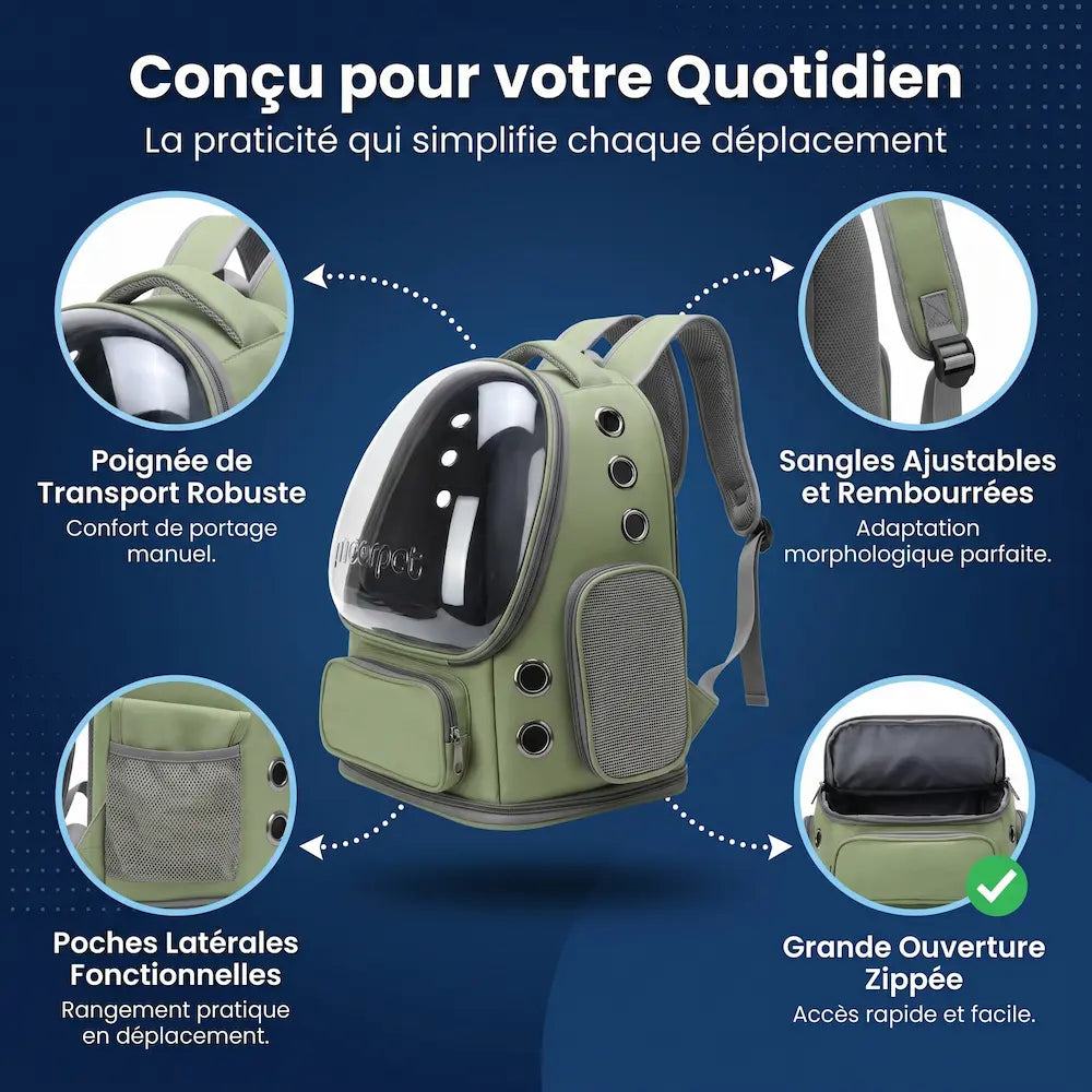 Sac à dos vert pour chat avec sangles ajustables rembourrées, poignée de transport supérieure, poches latérales en filet et grande ouverture avant zippée.