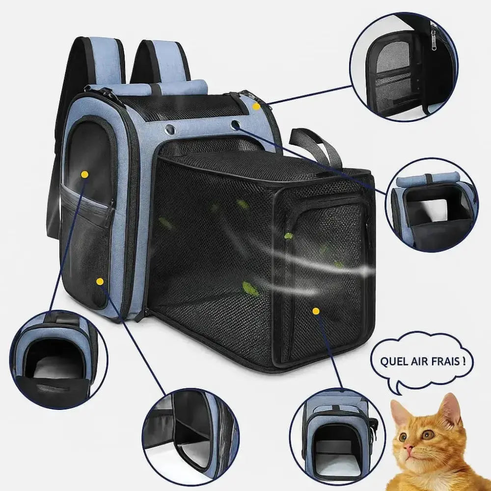 Sac à dos de transport pour chat XXL extensible en tissu robuste avec panneaux respirants.