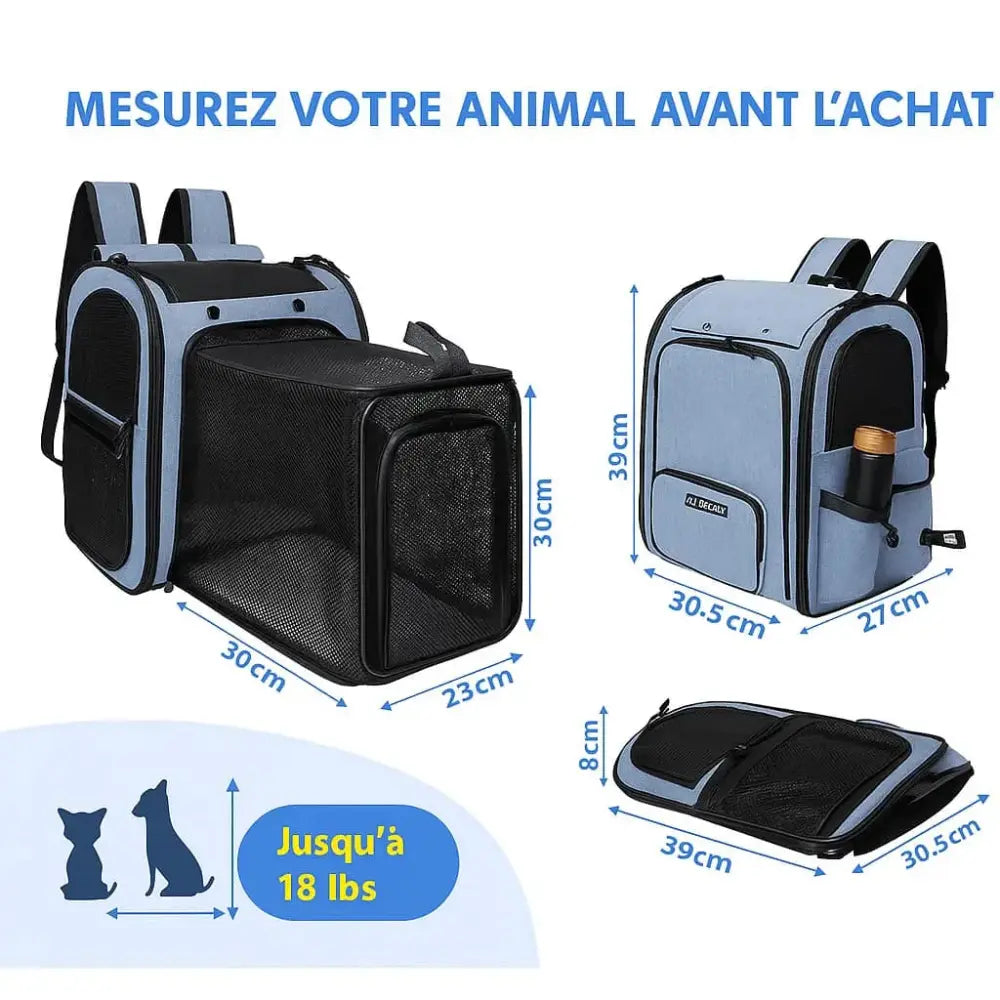 Sac à dos XXL extensible pour chat, aéré et multifonction pour le transport animal avec les mesures.