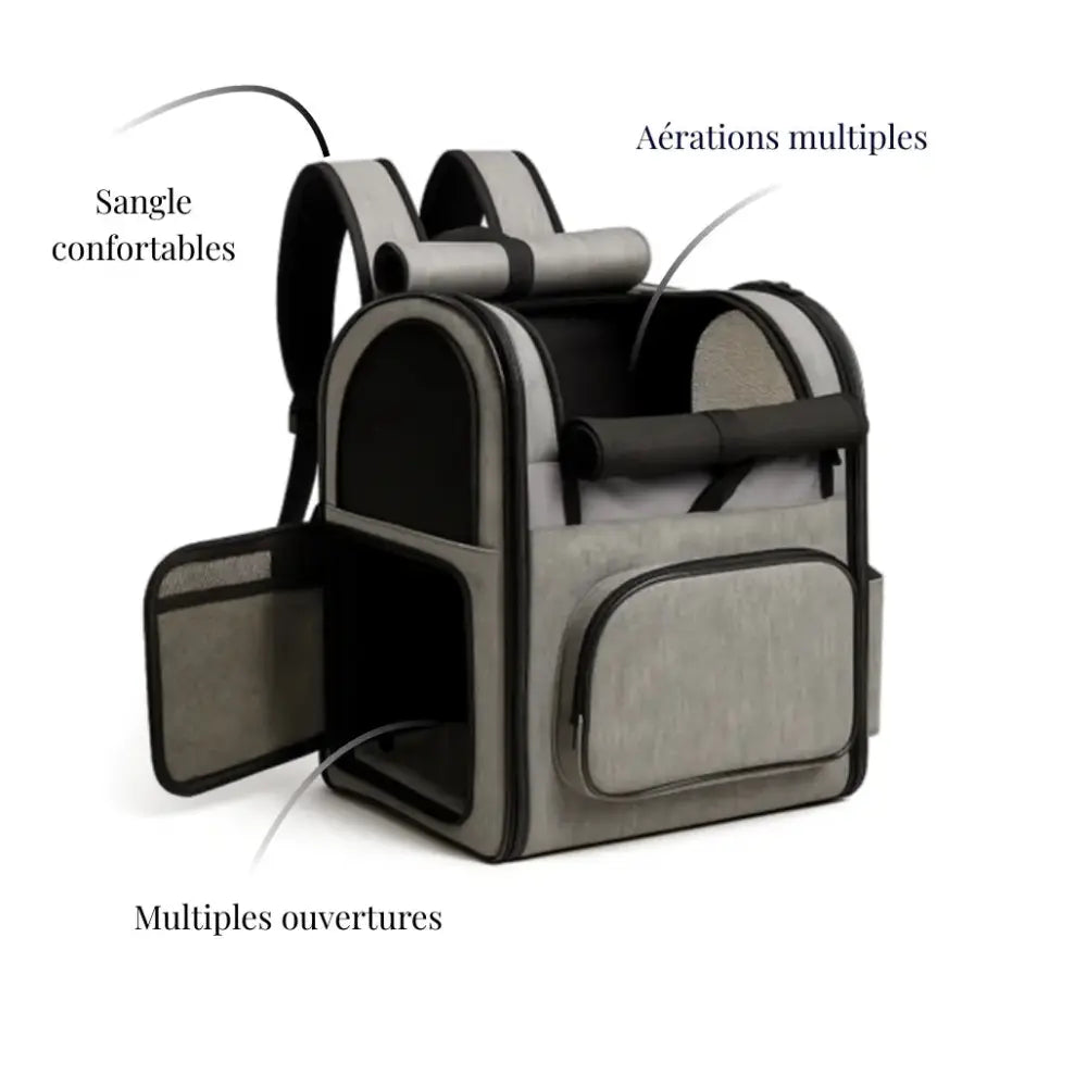 Sac à dos de transport pour chat avec multiples ouvertures et sangles confortables.