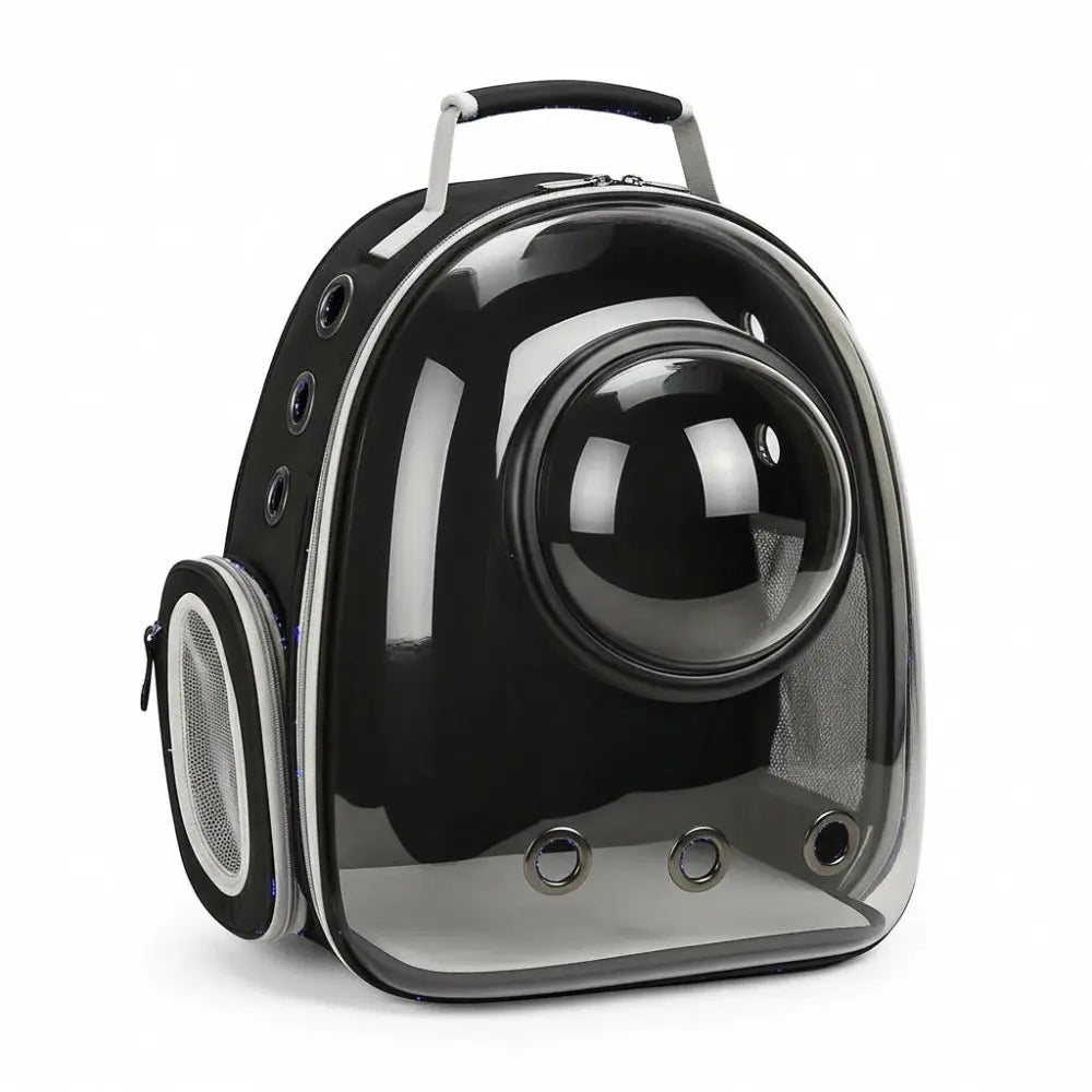 Sac à dos de transport pour chat noir avec bulle transparente, aérations multiples et poche latérale en maille.