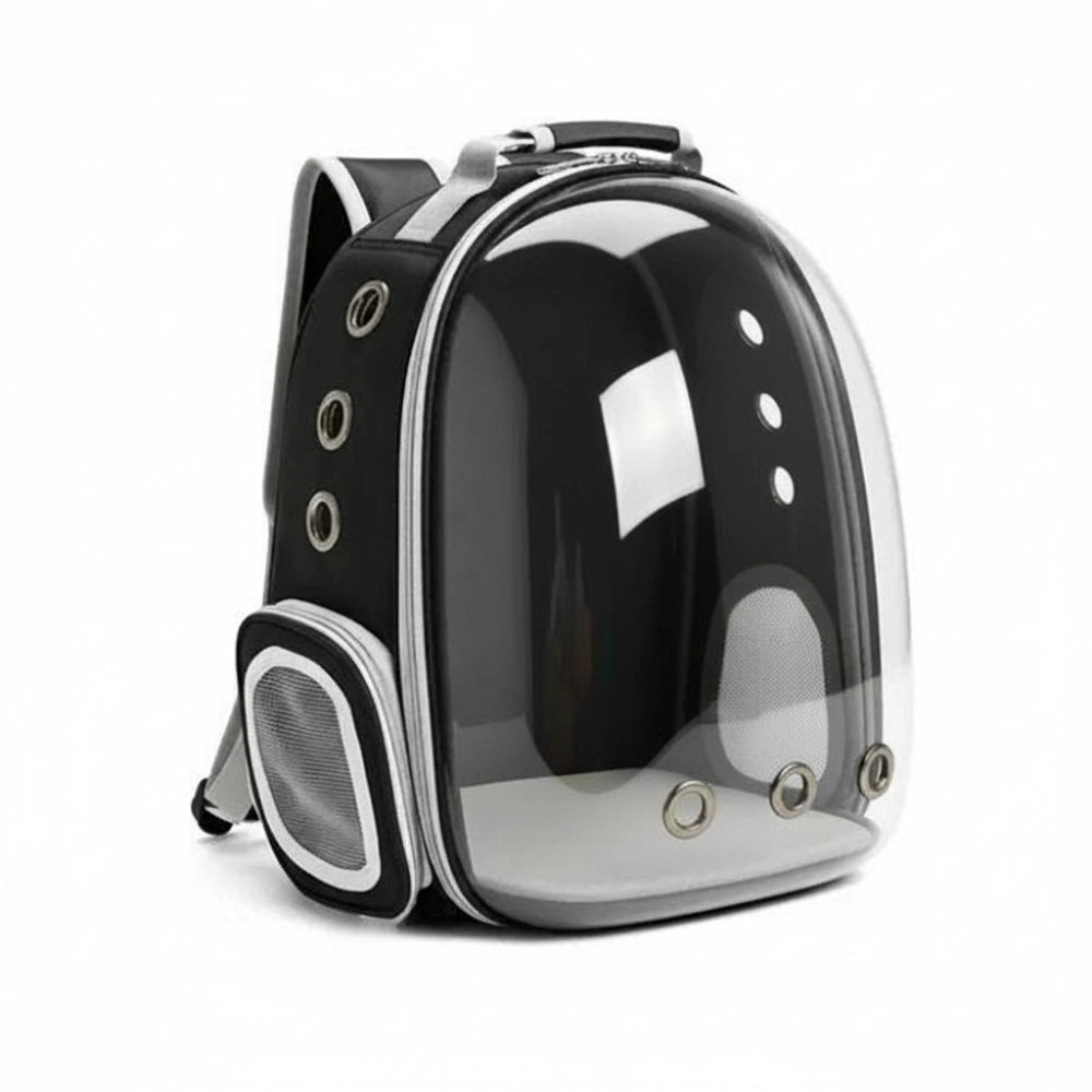Sac à dos de transport pour chat en noir avec coque transparente et aérations, vue de face.