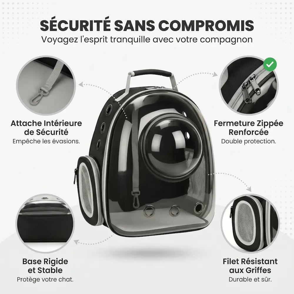 Vue détaillée du sac à dos noir à hublot pour chat, présentant les caractéristiques de maintien : sangle d'attache intérieure avec mousqueton, fermeture éclair à double curseur, base inférieure rigide et mailles latérales renforcées.