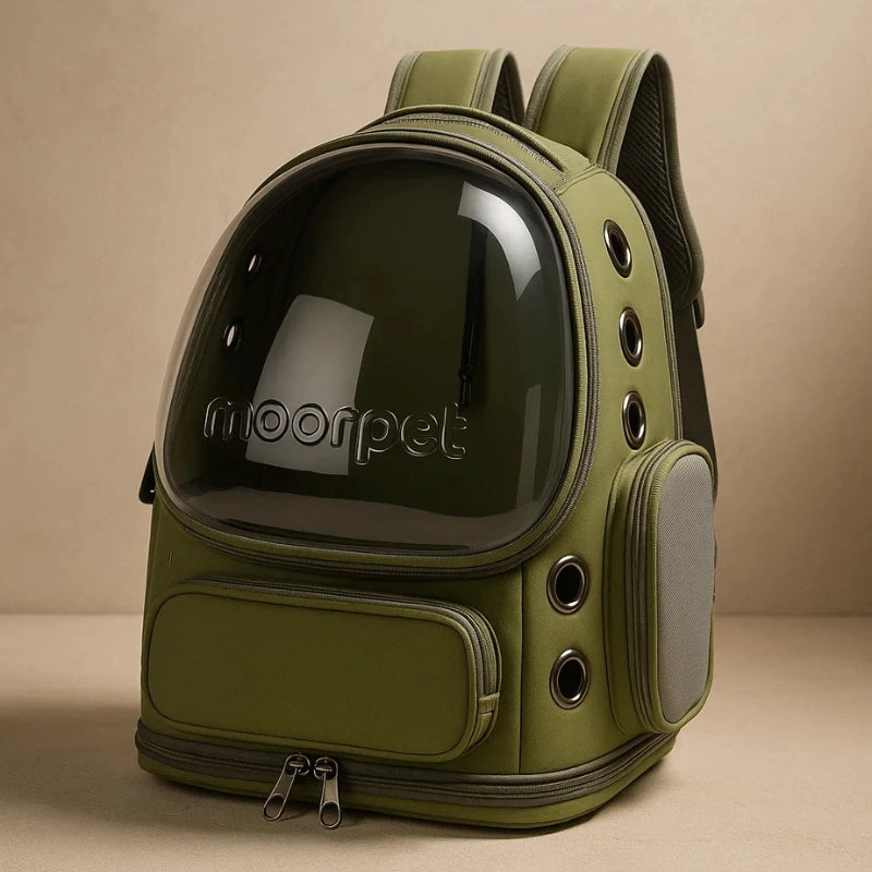 Sac à dos de transport vert pour chat avec façade transparente et respirante