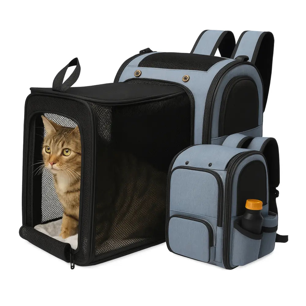 Sac à dos pour chat XXL extensible bleu et noir, avec ouverture latérale en maille respirante et poches de rangement.