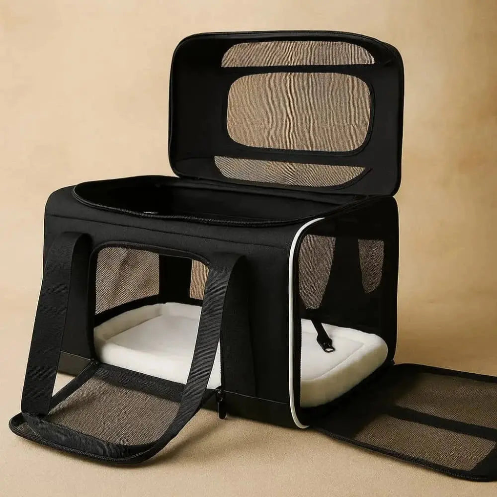 Sac pliable XXL gris pour transporter un grand chat, triple ouverture pratique pour voyages.